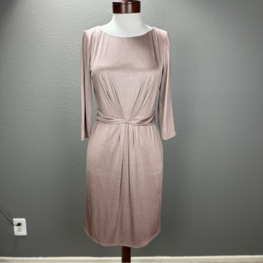 Tahari By ASL Champagne Rose Gold Shimmer Twist Sheath Dress Sz 6 Holiday NYE